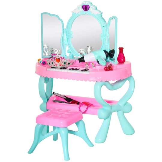 Homcom 2 In 1 Kids Vanity Dressing Table Play Set 13 Key Piano Keyboard Aged 3-6