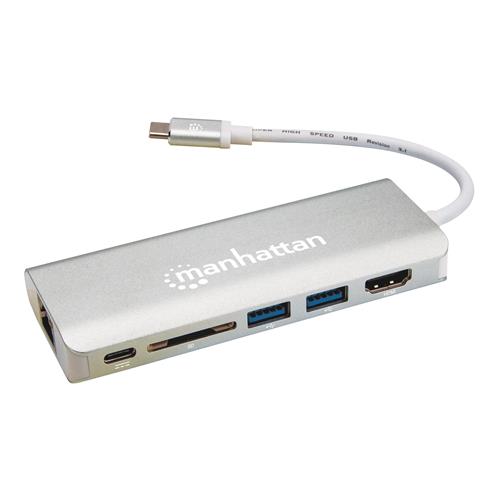 Manhattan USB-C Dock/Hub with Card Reader Ports (x5): Ethernet HDMI USB-A (x2) and USB-C With Power Delivery to USB-C Port (60W) Cable 13cm Aluminium Grey Three Year Warranty Retail Box