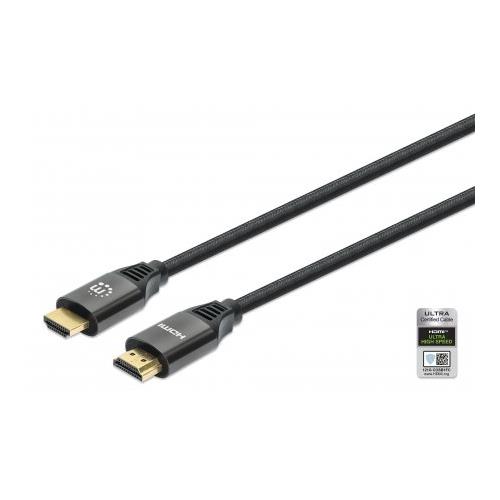 Manhattan HDMI Cable with Ethernet 8K@60Hz (Ultra High Speed) 3m (Braided) Male to Male Black 4K@120Hz Ultra HD 4k x 2k Fully Shielded Gold Plated Contacts Lifetime Warranty Polybag