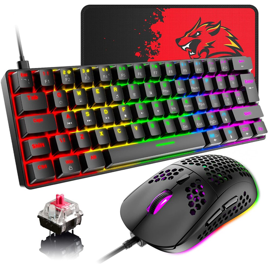 UK Layout 60% Mechanical Keyboard Compact 62 Keys Wired USB C 19 Backlight Effects Gaming Keyboard + 6400 DPI Honeycomb Mouse + Mouse Pad, Compatible