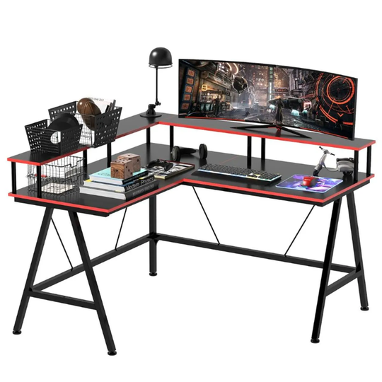 HOMCOM L Shape Gaming Corner Desk Computer Table With Elevated Monitor Shelf Workstation