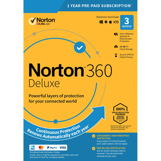 Norton 360 Deluxe 25GB - 1 year subscription with automatic renewal for 1 User, 3 Devices