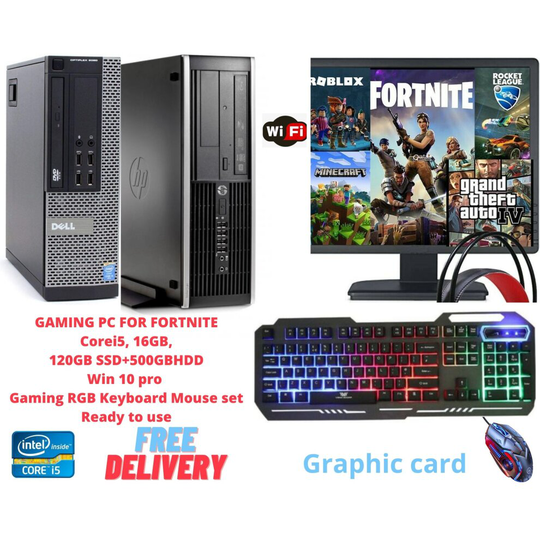 Gaming PC Bundle 22" Wide Monitor Corei5 16GB WiFi Full Set Fortnite