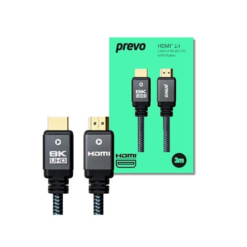 Prevo HDMI-2.1-3M HDMI Cable HDMI 2.1 (M) to HDMI 2.1 (M) 3m Black & Grey Supports Displays up to 8K@60Hz 99.9% Oxygen-Free Copper with Gold-Plated Connectors Superior Design & Performance Retail Box Packaging