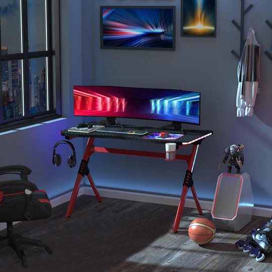 HOMCOM LED Game Office Desk with Cup Holder 2 Cable Management Red