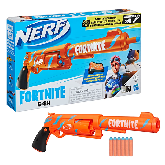 Nerf Fortnite 6-SH Dart Blaster with Camo Pulse Wrap, Hammer Action Priming, 6-Dart Drum & 6 Nerf Elite Darts