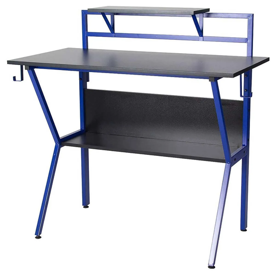 Neo Direct Blue Neo Ergonomic 2 Tier Gaming Desk with Headphone Hook Monitor Stand & Shelf