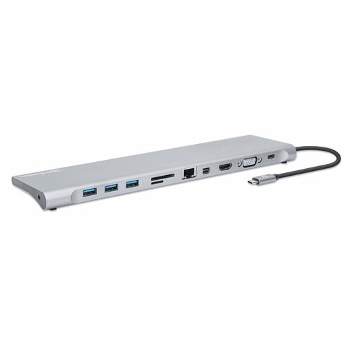 Manhattan USB-C Dock/Hub with Card Reader and MST Ports (x9): Audio 3.5mm Mini DP Ethernet HDMI USB-A (x3) USB-C and VGA With Power Delivery (100W) to USB-C Port (Note add USB-C wall charger and USB-C cable needed)All Ports can be used at th