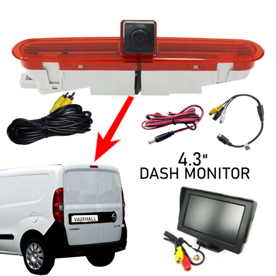 (4.3" Dash Board Monitor) Dolphin Rear Brake Light Mounted Camera, Van Reversing Camera System Vauxhall / Opel Combo 2011 to 2018 - With Optional Scr