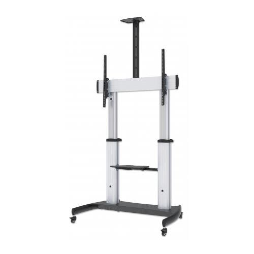 Manhattan TV & Monitor Mount Trolley Stand 1 screen Screen Sizes: 60-100" Silver/Black VESA 200x200 to 800x600mm Max 100kg Height adjustable 1200 to 1685mm Camera and AV shelves Aluminium LFD Lifetime Warranty