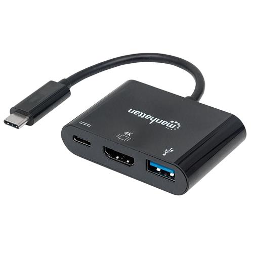Manhattan USB-C Dock/Hub Ports (x3): HDMI USB-A and USB-C With Power Delivery to USB-C Port (60W) 5 Gbps (USB 3.2 Gen1 aka USB 3.0) Equivalent to Startech CDP2HDUACP Cable 8cm Black Three Year Warranty Blister