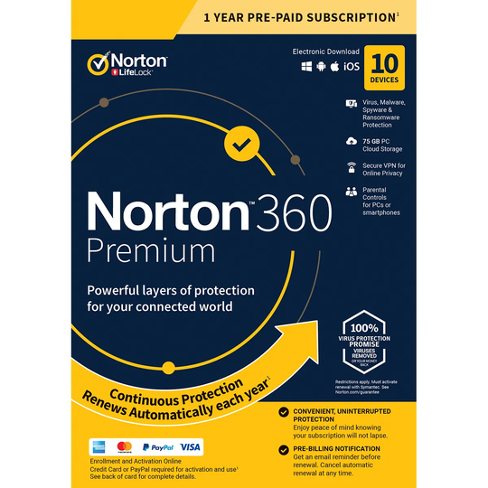 Norton 360 Premium 75GB - 1 year subscription with automatic renewal for 1 User, 10 Devices