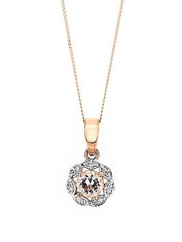 Love GEM 9ct Rose Gold Morganite and Diamond Halo Pendant Necklace 18 Inches, Rose Gold, Women