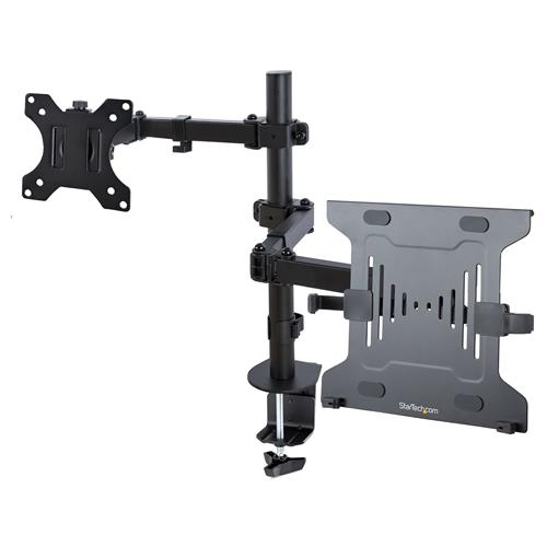 StarTech.com Monitor Arm with VESA Laptop Tray For a Laptop (4.5kg/9.9lb) and a Single Display up to 32" (8kg/17.6lb) Black Vented Tray Adjustable Laptop Arm Mount C-clamp/Grommet Mount