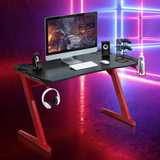 HOMCOM Gaming Computer Desk With Cup Holder Headphone Hook Gamepad Holder Black and Red Medium