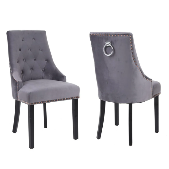 Neo Dark Grey Studded Velvet Dining Chair With Ring Knocker Detail X2