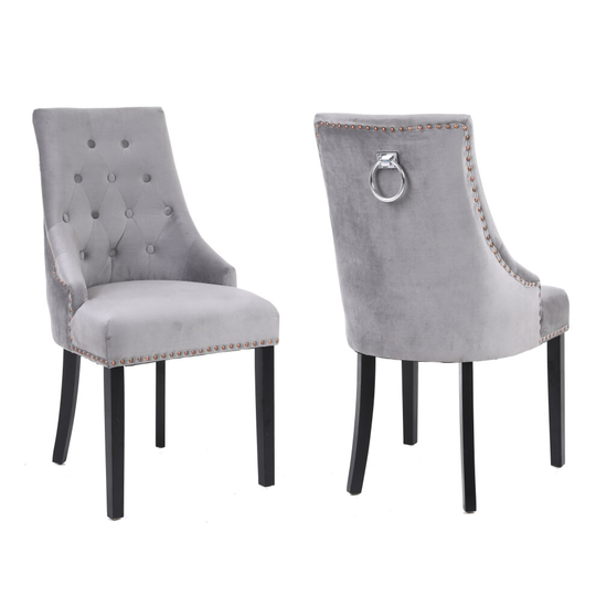2x Grey Studded Velvet Dining Chair with Ring Knocker Detail