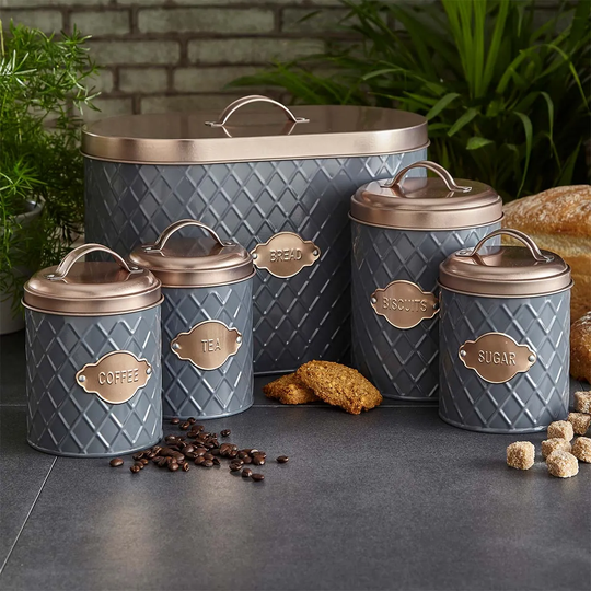 Neo Direct Grey And Copper Diamond Embossed 5 Piece Kitchen Canister Set