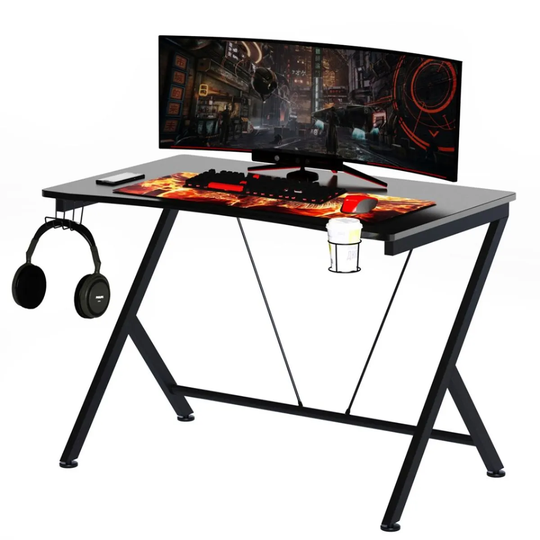 HOMCOM Gaming Desk Computer Table Metal Frame With Cup Holder Headphone Hook Cable Hole Black
