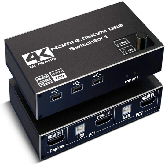 HDMI KVM Switch, Dual PC to Single Monitor (2 in 1 out) with 3x USB Port