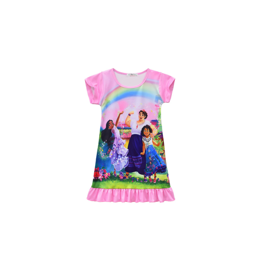 (Pink, 5-6 Years) Encanto Mirabel Sleepwear Dress Girls Pleated Skirt Nightdress Nightie Nighty
