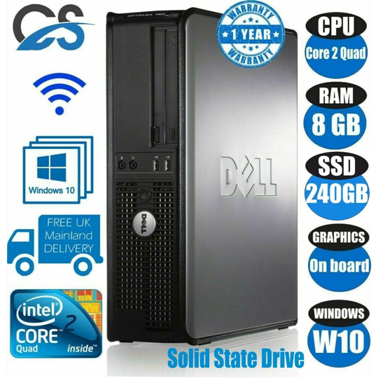 FAST DELL QUAD CORE PC COMPUTER DESKTOP TOWER WINDOWS 10 WI-FI 8GB RAM 240GB SSD
