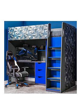 X Rocker Hideout - Gaming High Sleeper Bed with Desk, Wardrobe and Drawers - Blue, Blue