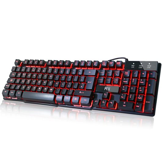 Rii RK100 3 Color LED Backlit USB Wired Gaming Keyboard Black UK Layout