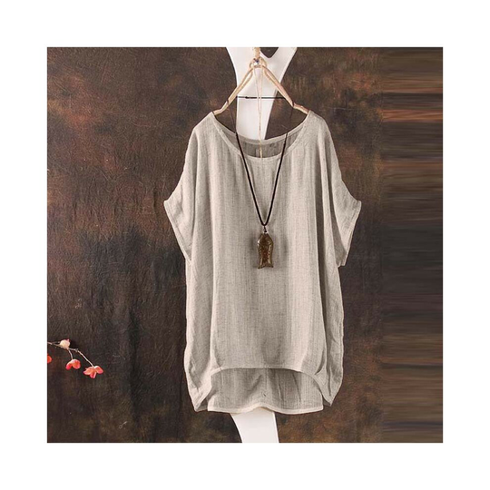 (12, Khaki) Womens Summer Short Sleeve Casual Loose Tops Ladies T-shirt Linen Blouse Plus Size Boho Plain Tee Shirts