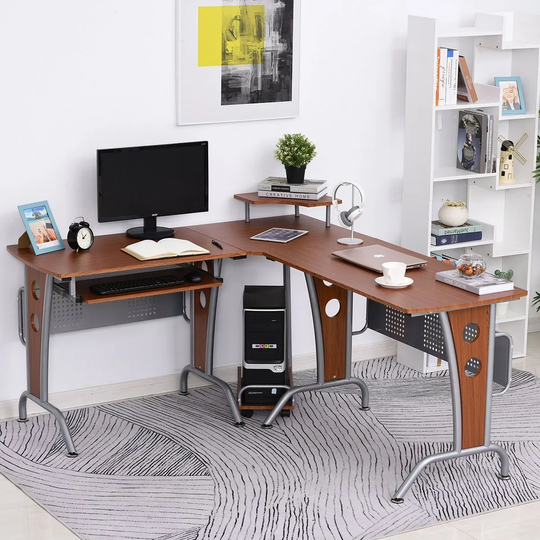 HOMCOM Space Saving Corner Multiple Monitor Work Desk With Steel Frame CPU Rack Keyboard Tray Brown