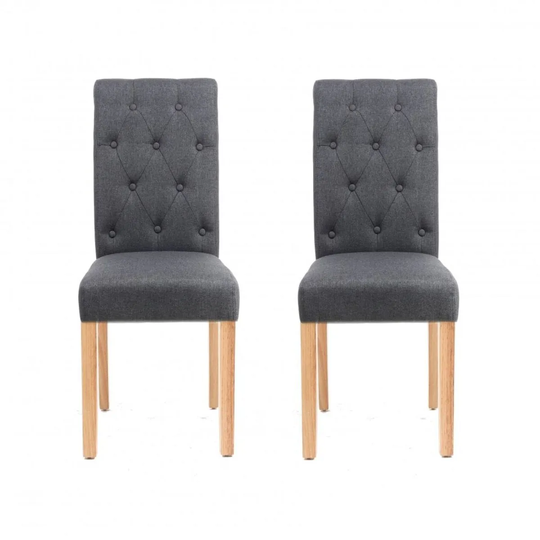 Neo Dark Grey Fabric High Button Back Roll Top Dining Chairs X2