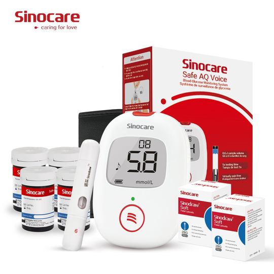 (Safe AQ Voice Kit With 100Pcs Strips&Lancets) Sinocare Safe AQ Voice Blood Glucose Monitor Kit - 25/50/100Pcs Strips&Lancets