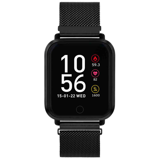 Reflex Active Series 6 Smart Watch With Heart Rate Monitor Music Control Colour Touch Screen And Up To 7 Day Battery Life - Rectangluar Black Case With Black Mesh Strap