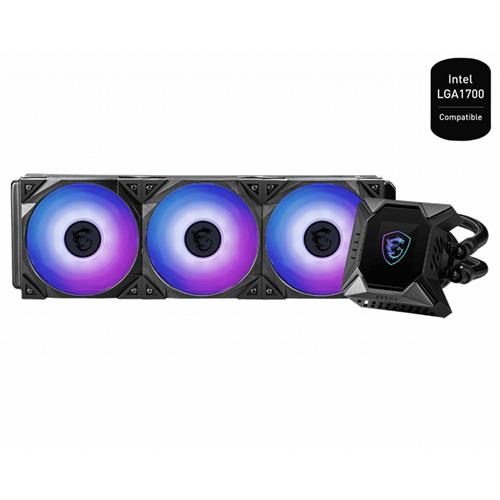 MSI MPG CORELIQUID K360 V2 Liquid CPU Cooler '360mm Radiator 2.4'' LCD display with fan 3x 120mm ARGB PWM Fan Center Supports Intel and AMD Platforms Latest LGA 1700 ready Cooled by ASETEK'