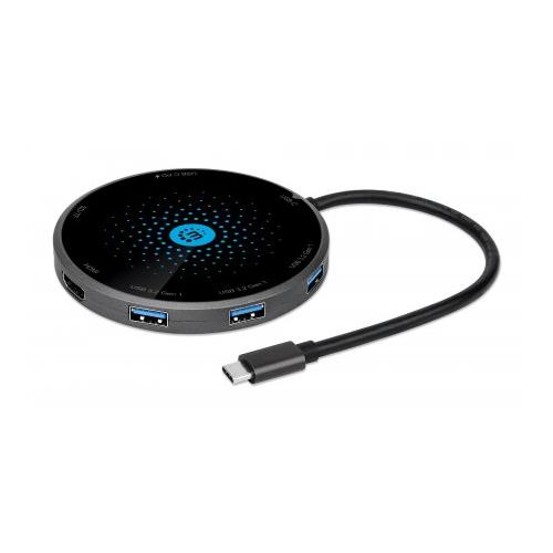 Manhattan USB-C Dock/Hub with Card Reader and Wireless Charging Pad Ports (x5): USB-C to HDMI USB-A (x3) and USB-C With Power Delivery to USB-C Port (60W) Wireless 10W (Fast Charging) Black Three Year Warranty