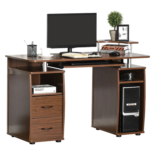 HOMCOM Multi Storage Computer Work Desk With Drawer Keyboard Tray Brown