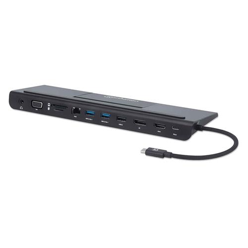 Manhattan USB-C Dock/Hub with Card Reader and MST Ports (x9): Audio 3.5mm DisplayPort Ethernet HDMI USB-A (x3) USB-C and VGA With Power Delivery to USB-C Port (100W) Cable 20cm Black Three Year Warranty Retail Box