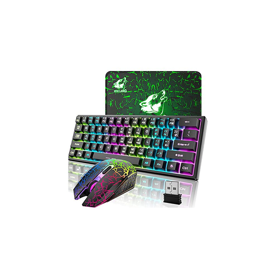 60% Wireless Gaming Keyboard and Mouse Combo Set 2.4GHz Rechargeable 38000mAh Quiet 61 Keys Compact Gaming Keyboard with Rainbow LED Backlit + 24