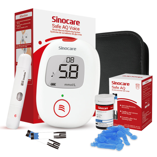 (Safe AQ Voice Kit With 25Pcs Strips&Lancets) Sinocare Safe AQ Voice Blood Glucose Monitor Kit - 25/50/100Pcs Strips&Lancets
