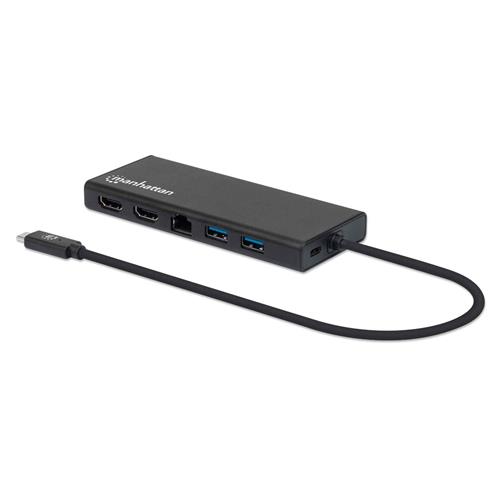 Manhattan USB-C Dock/Hub Ports (x6): Ethernet HDMI (x2) USB-A (x2) and USB-C With Power Delivery to USB-C Port (60W) All Ports can be used at the same time Cable 30cm Aluminium Black Three Year Warranty Retail Box