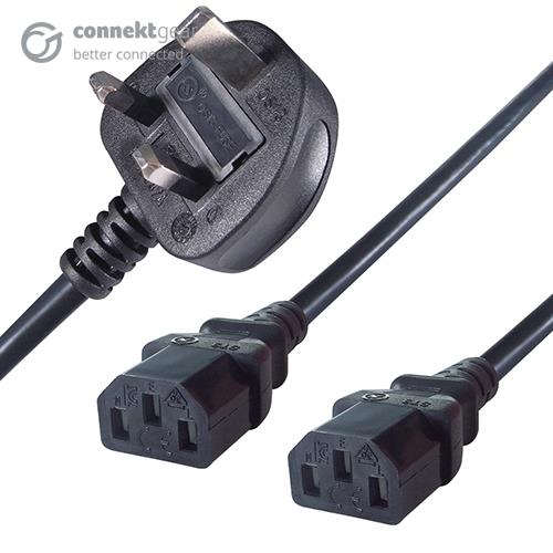 CONNEkT Gear 2.5m UK Mains Power Splitter Cable UK Plug to 2 x C13 Sockets