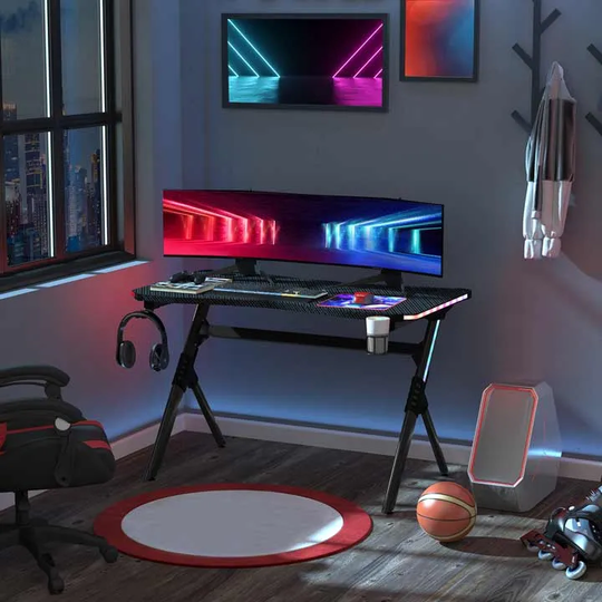 HOMCOM LED Game Office Desk with Cup Holder 2 Cable Management Black