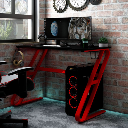 Phenix Wooden Gaming Desk In Black And Red With ZZ-Shape Legs