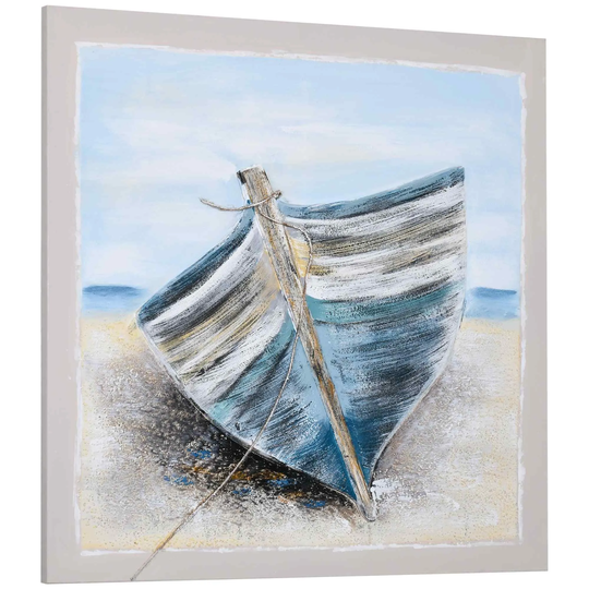 HOMCOM Hand-Painted Wall Art Canvas Painting Artwork Beach Boat 90 X 90cm Blue
