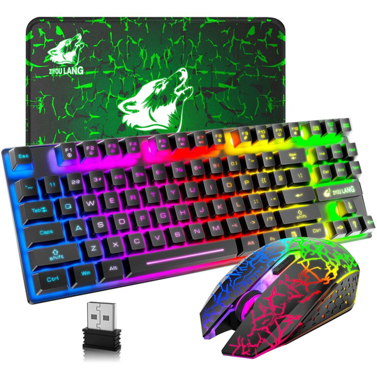 Wireless Gaming Keyboard and Mouse Combo, 87 Key Rainbow LED Backlight Rechargeable 3800mAh Battery Mechanical Feel Anti-ghosting Ergonomic Waterproof