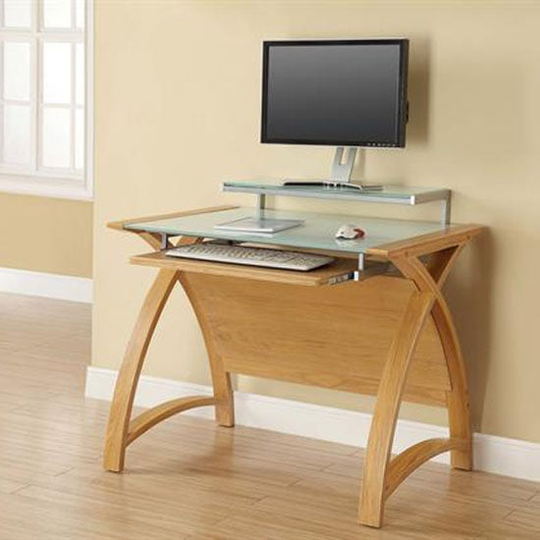 Cohen Curve Computer Desk Small In Milk White Glass Top And Oak