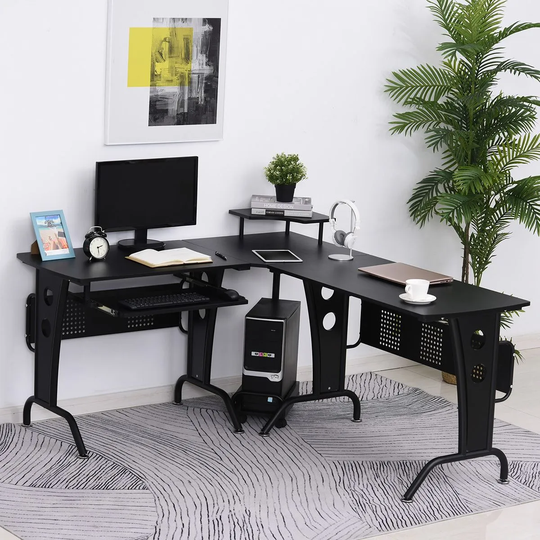 HOMCOM Space Saving Corner Multiple Monitor Work Desk With Steel Frame CPU Rack Keyboard Tray Black