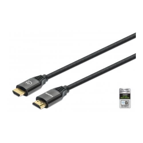 Manhattan HDMI Cable with Ethernet 8K@60Hz (Ultra High Speed) 2m (Braided) Male to Male Black 4K@120Hz Ultra HD 4k x 2k Fully Shielded Gold Plated Contacts Lifetime Warranty Polybag