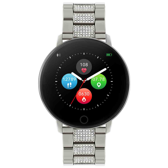 Reflex Active Series 5 Smart Watch With Heart Rate Monitor Music Control Colour Touch Screen And Up To 7 Day Battery Life - Round Silver Case With Silver Stone Set Link Bracelet