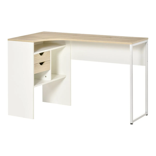 HOMCOM L Shaped Corner Computer Desk With Storage Shelf White And Light Wood Finish